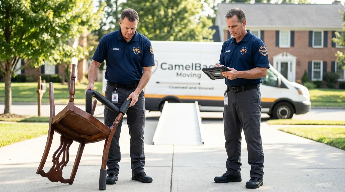 Movers inspecting furniture for damage prevention before loading in Bentleyville, PA