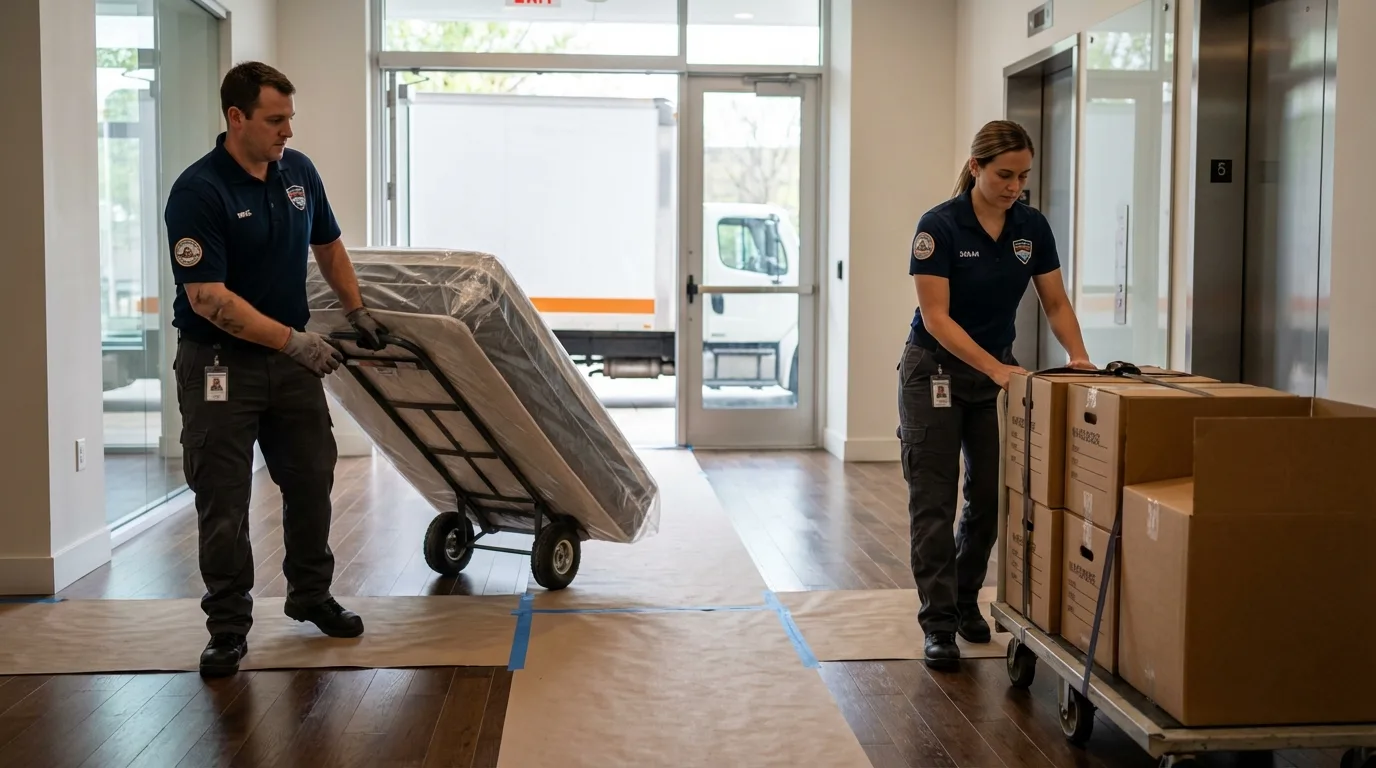 Professional apartment movers loading elevator in Bentleyville, PA