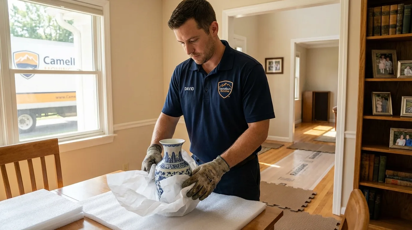 Professional crew carefully wrapping antique vase for senior downsizing move in Bentleyville, PA